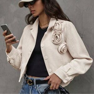 FLORAL ORIGAMI Textured Neutral Blazer with 3D Rose Accents XS S M L